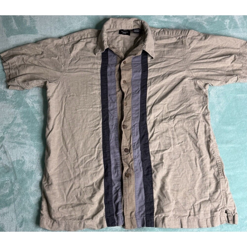 Haggar Large Washable Linen Rayon Button Up Bowling Shirt Brown
